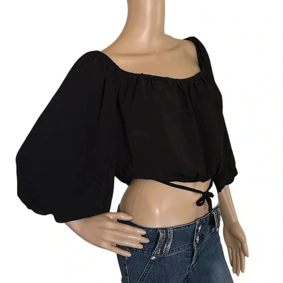 ASTR the label Tie Waist 3/4 Balloon Sleeve Crop Top Black Size M - Picture 2 of 12